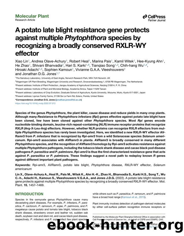 A potato late blight resistance gene protects against multiple Phytophthora species by recognizing a broadly conserved RXLR-WY effector by unknow