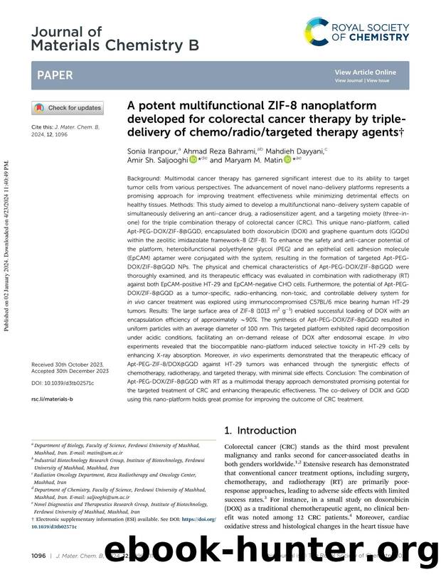 A potent multifunctional ZIF-8 nanoplatform developed for colorectal cancer therapy by triple-delivery of chemoradiotargeted therapy agents by Sonia Iranpour & Ahmad Reza Bahrami & Mahdieh Dayyani & Amir Sh. Saljooghi & Maryam M. Matin