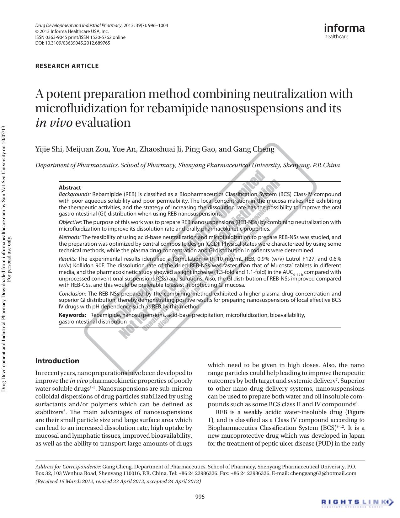 A potent preparation method combining neutralization with microfluidization for rebamipide nanosuspensions and its in vivo evaluation by Yijie Shi Meijuan Zou Yue An Zhaoshuai Ji Ping Gao Gang Cheng