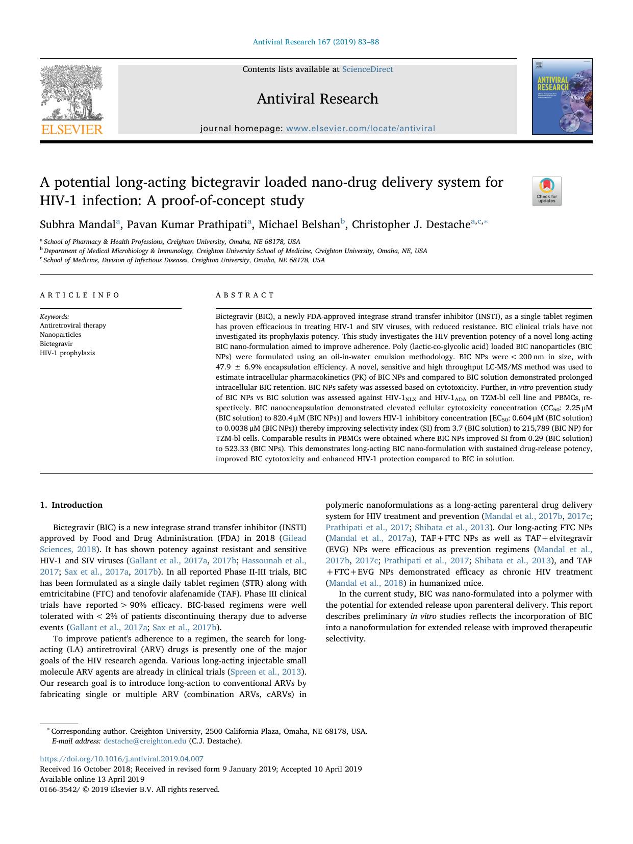 A potential long-acting bictegravir loaded nano-drug delivery system for HIV-1 infection_ A proof-of-concept study by Subhra Mandal & Pavan Kumar Prathipati & Michael Belshan & Christopher J. Destache