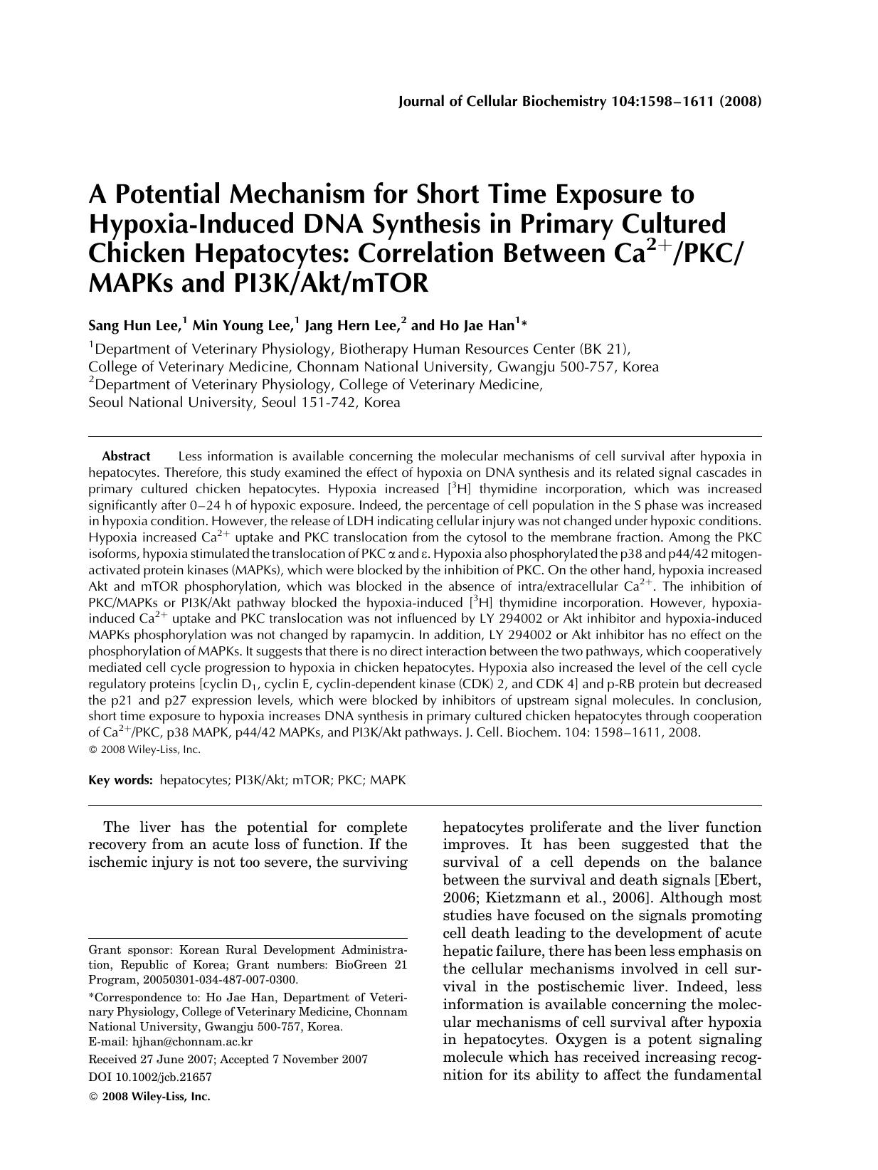 A potential mechanism for short time exposure to hypoxia-induced DNA synthesis in primary cultured chicken hepatocytes: Correlation between Ca2+PKCMAPKs and PI3KAktmTOR by Unknown
