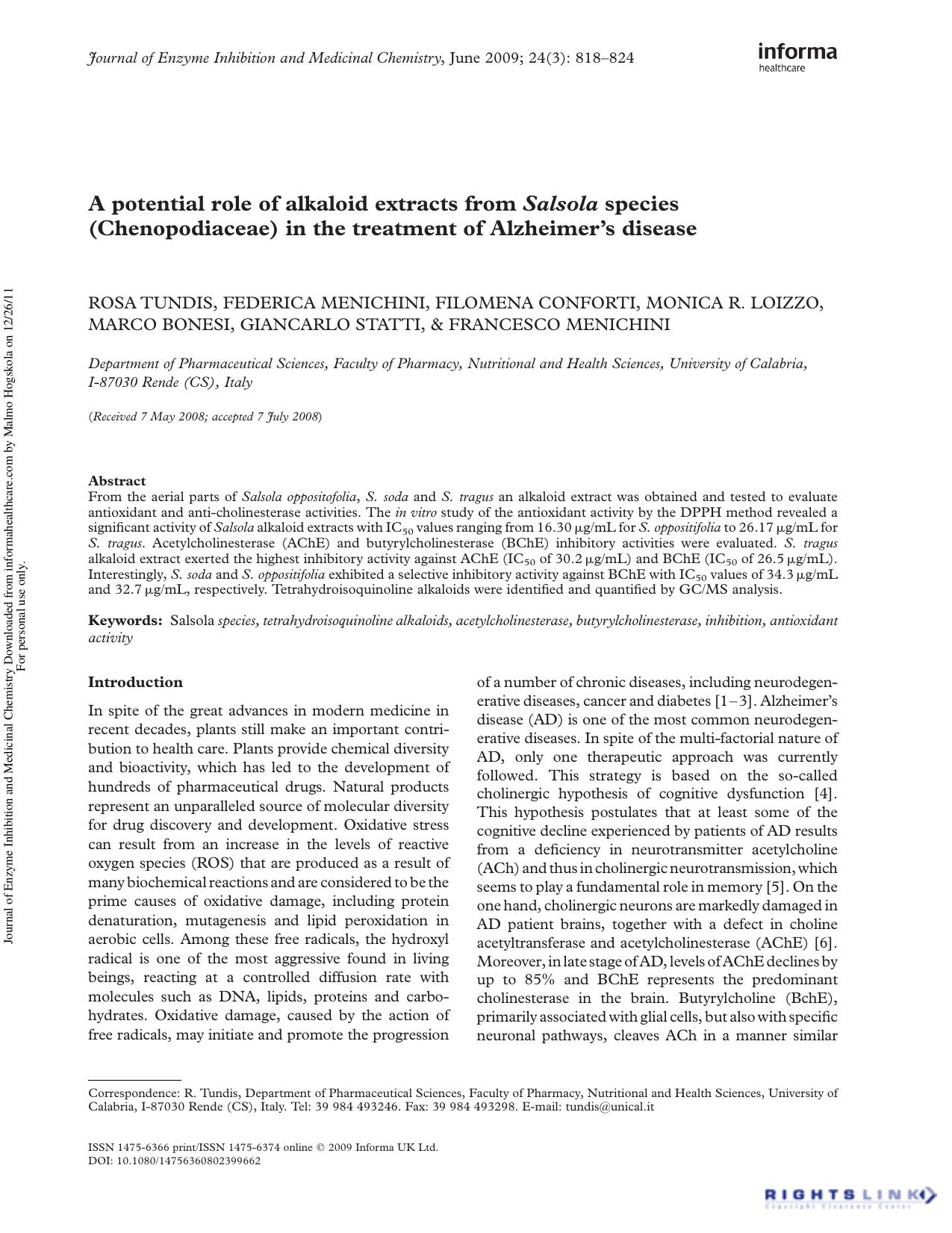 A potential role of alkaloid extracts from Salsola species (Chenopodiaceae) in the treatment of Alzheimer's disease by unknow