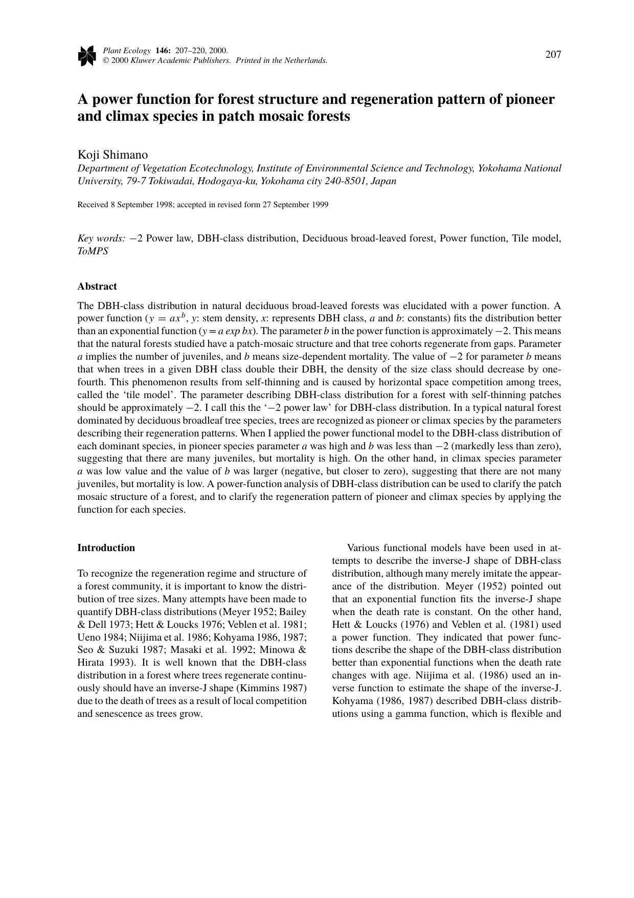 A power function for forest structure and regeneration pattern of pioneer and climax species in patch mosaic forests by Unknown