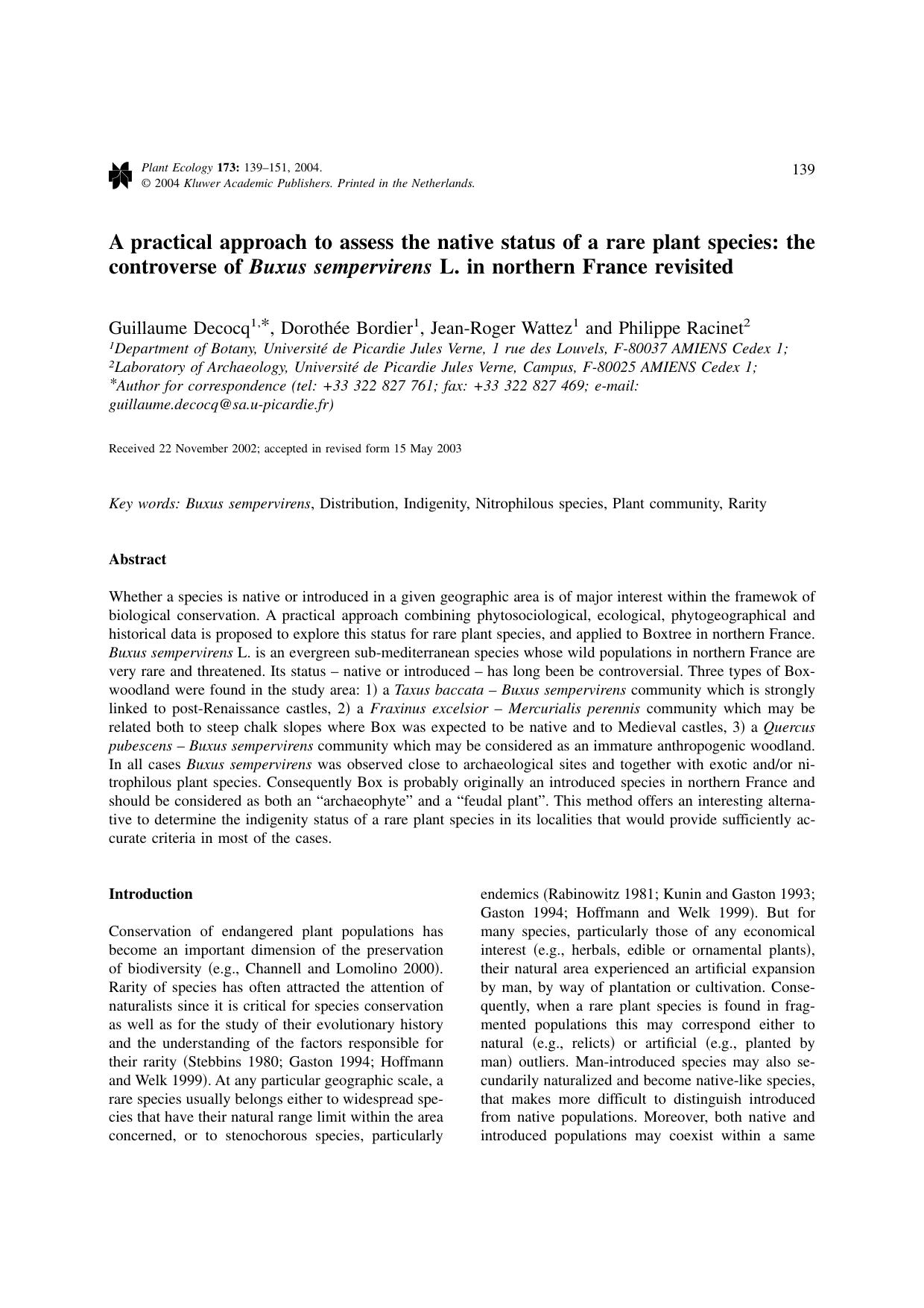 A practical approach to assess the native status of a rare plant species: the controverse of <Emphasis Type="Italic">Buxus sempervirens<Emphasis> L. in northern France revisited by Unknown