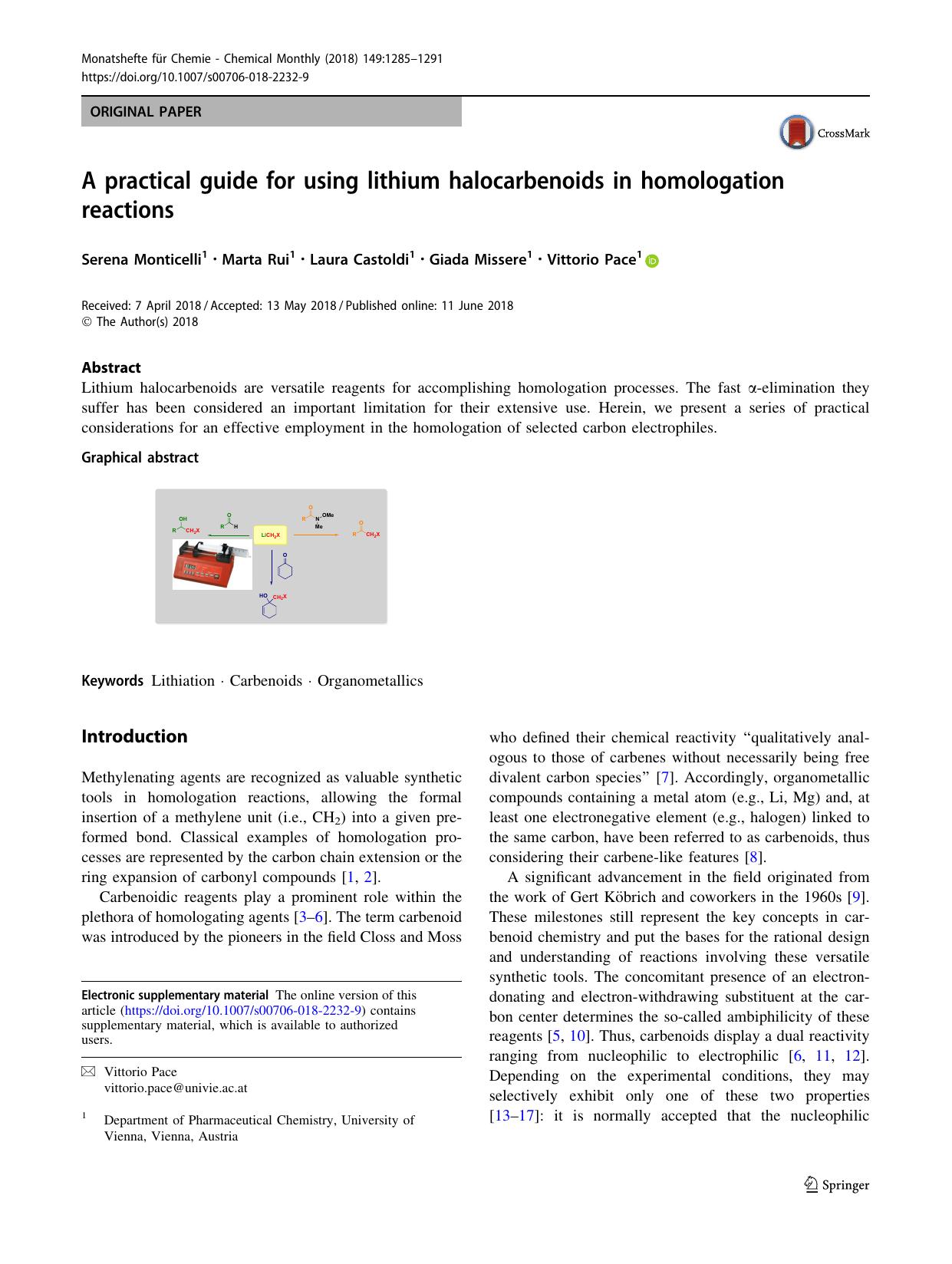 A practical guide for using lithium halocarbenoids in homologation reactions by Serena Monticelli & Marta Rui & Laura Castoldi & Giada Missere & Vittorio Pace