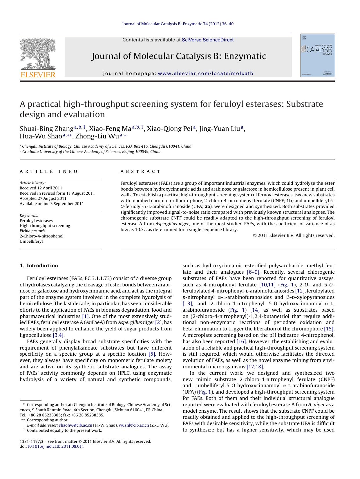 A practical high-throughput screening system for feruloyl esterases: Substrate design and evaluation by Shuai-Bing Zhang