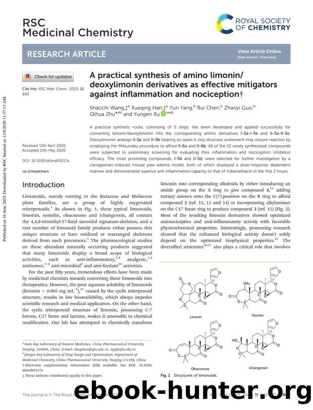 A practical synthesis of amino limonindeoxylimonin derivatives as effective mitigators against inflammation and nociception by Shaochi Wang & Xueqing Han & Yun Yang & Rui Chen & Zhaoyi Guo & Qihua Zhu & Yungen Xu