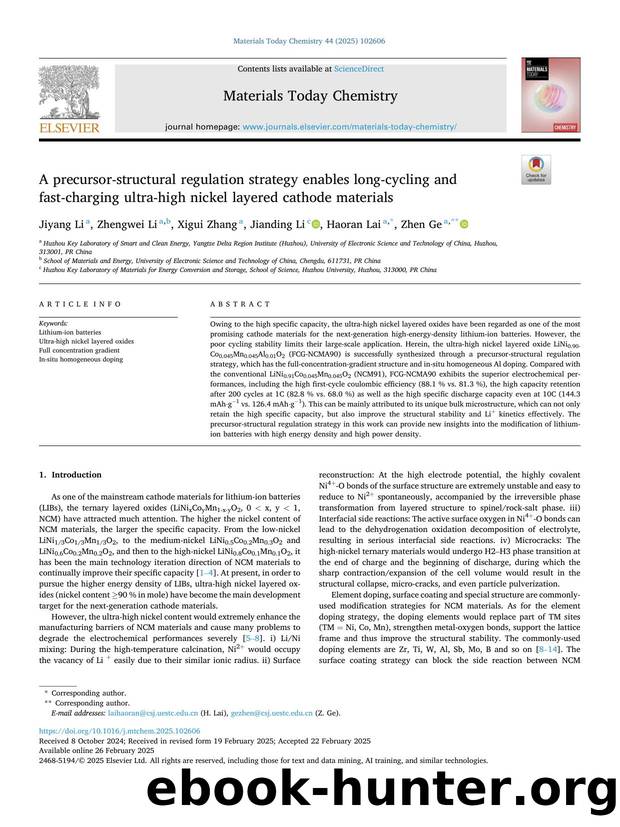 A precursor-structural regulation strategy enables long-cycling and fast-charging ultra-high nickel layered cathode materials by Jiyang Li & Zhengwei Li & Xigui Zhang & Jianding Li & Haoran Lai & Zhen Ge