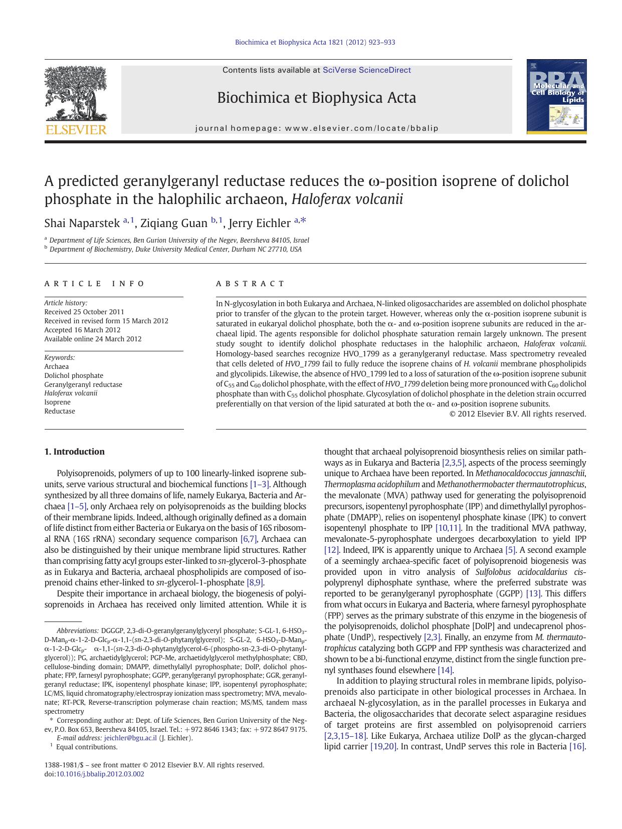 A predicted geranylgeranyl reductase reduces the Ï-position isoprene of dolichol phosphate in the halophilic archaeon, Haloferax volcanii by Shai Naparstek & Ziqiang Guan & Jerry Eichler