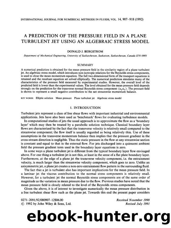 A prediction of the pressure field in a plane turbulent jet using an algebraic stress model by Unknown