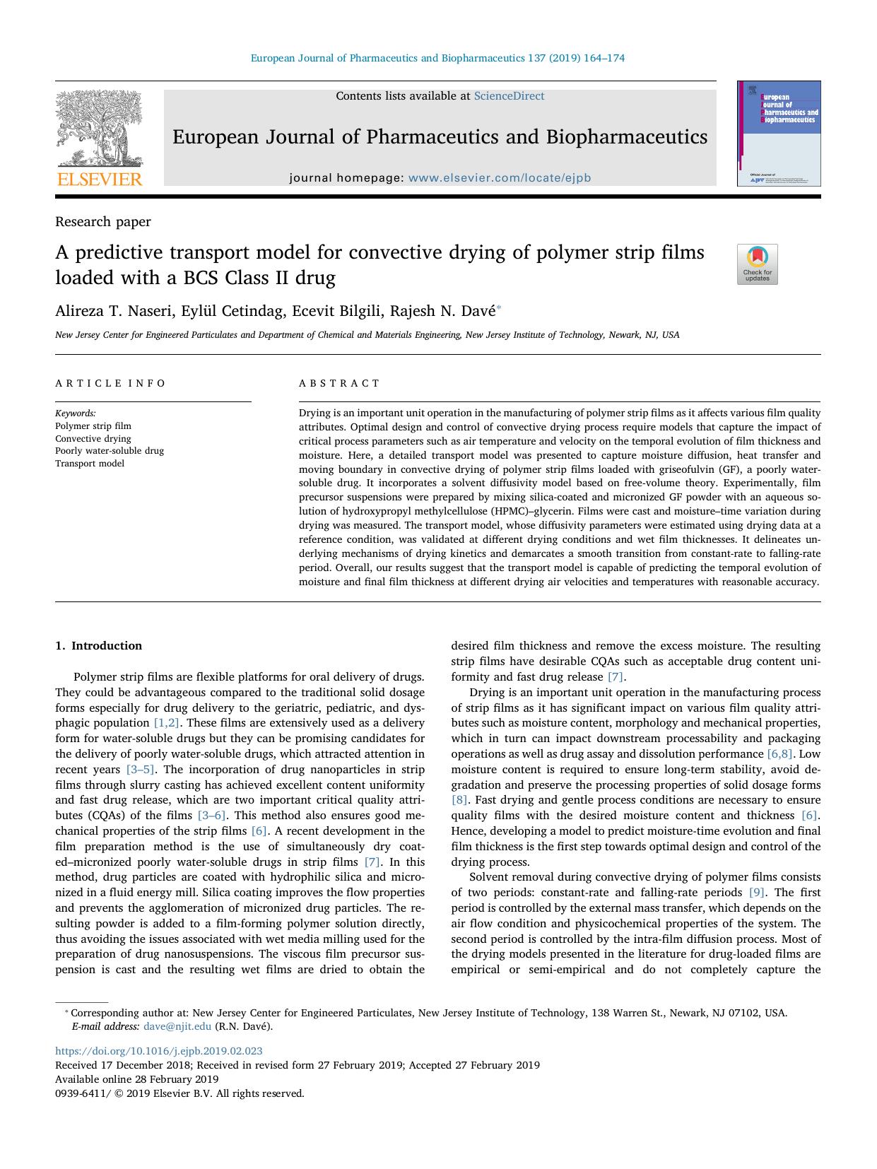 A predictive transport model for convective drying of polymer strip films loaded with a BCS Class II drug by Alireza T. Naseri & Eylül Cetindag & Ecevit Bilgili & Rajesh N. Davé