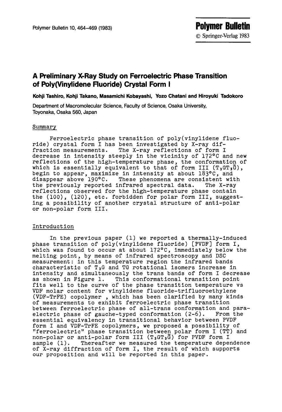 A preliminary X-ray study on ferroelectric phase transition of poly(vinylidene ruoride) crystal form I by Unknown