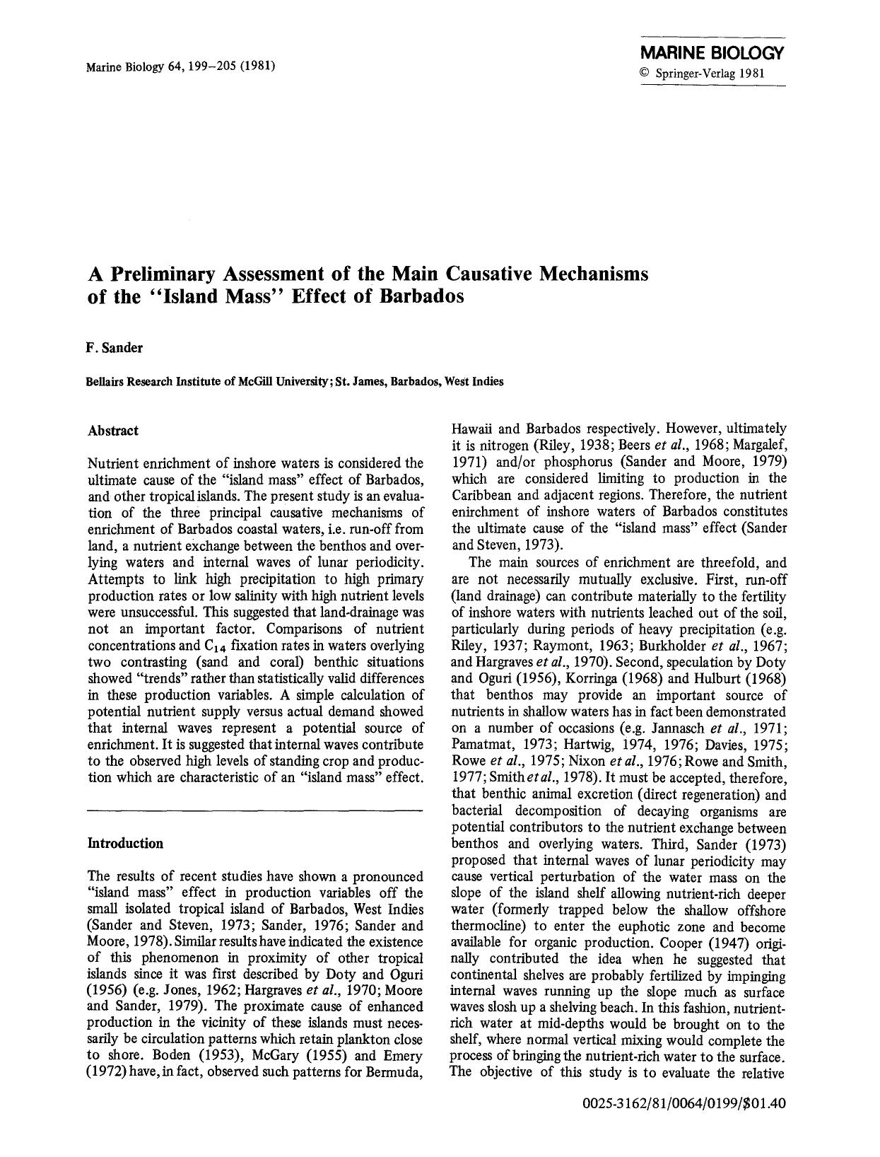 A preliminary assessment of the main causative mechanisms of the &#x201C;island mass&#x201D; effect of Barbados by Unknown
