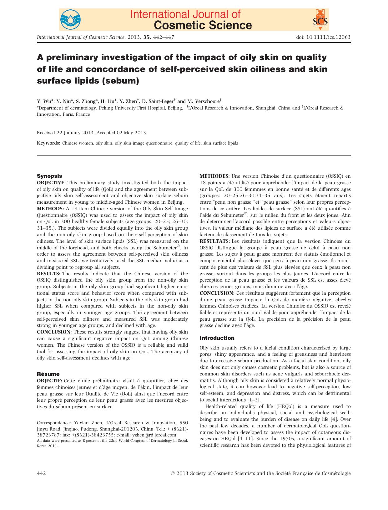 A preliminary investigation of the impact of oily skin on quality of life and concordance of selfperceived skin oiliness and skin surface lipids (sebum) by Unknown