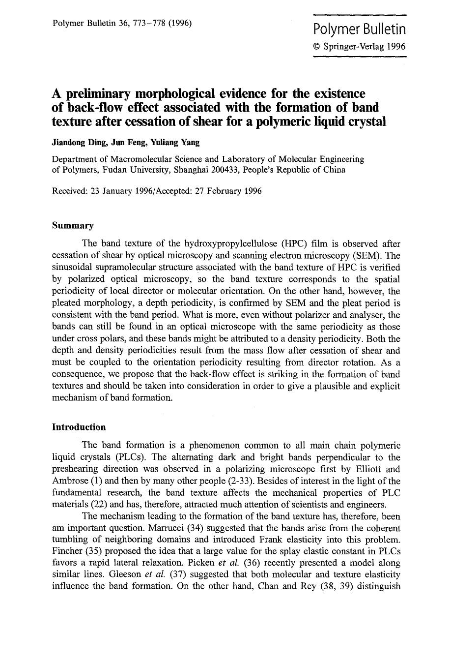 A preliminary morphological evidence for the existence of back-flow effect associated with the formation of band texture after cessation of shear for a polymeric liquid crystal by Unknown