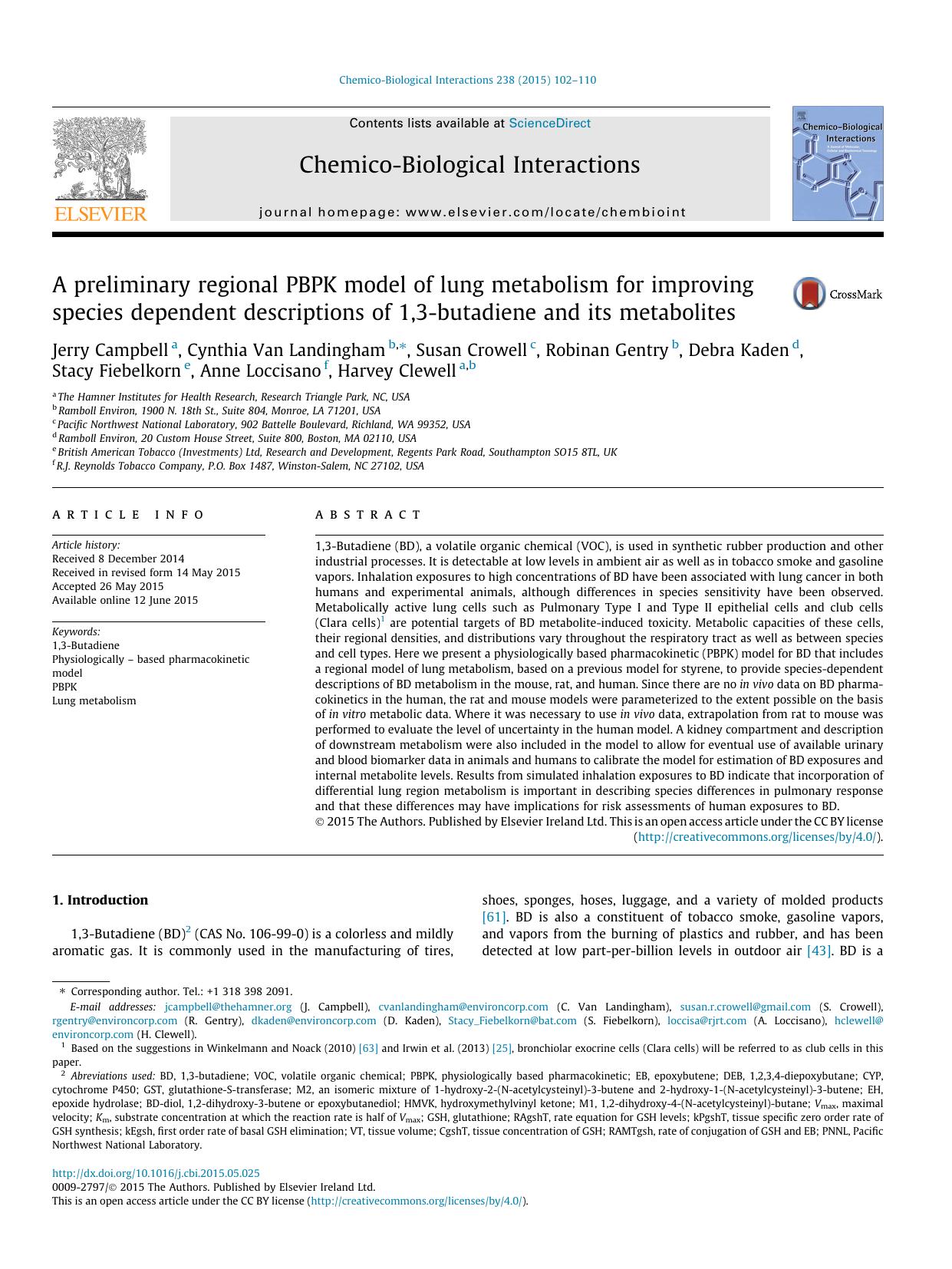 A preliminary regional PBPK model of lung metabolism for improving species dependent descriptions of 1,3-butadiene and its metabolites by unknow