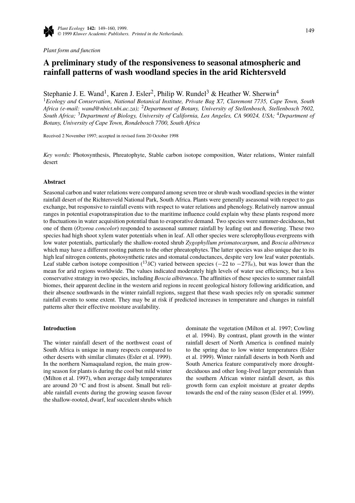 A preliminary study of the responsiveness to seasonal atmospheric and rainfall patterns of wash woodland species in the arid Richtersveld by Unknown