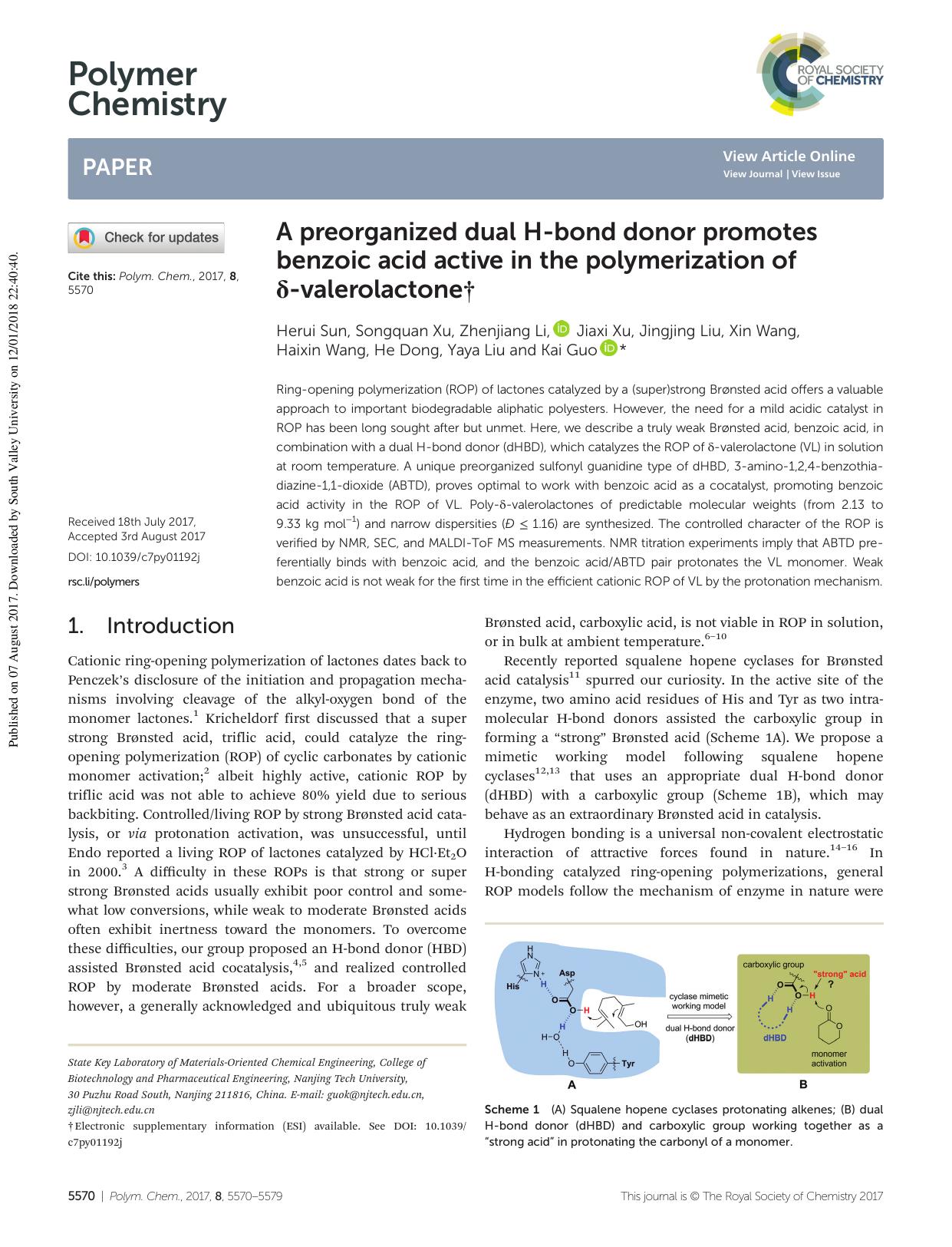 A preorganized dual H-bond donor promotes benzoic acid active in the polymerization of Î´-valerolactone by unknow