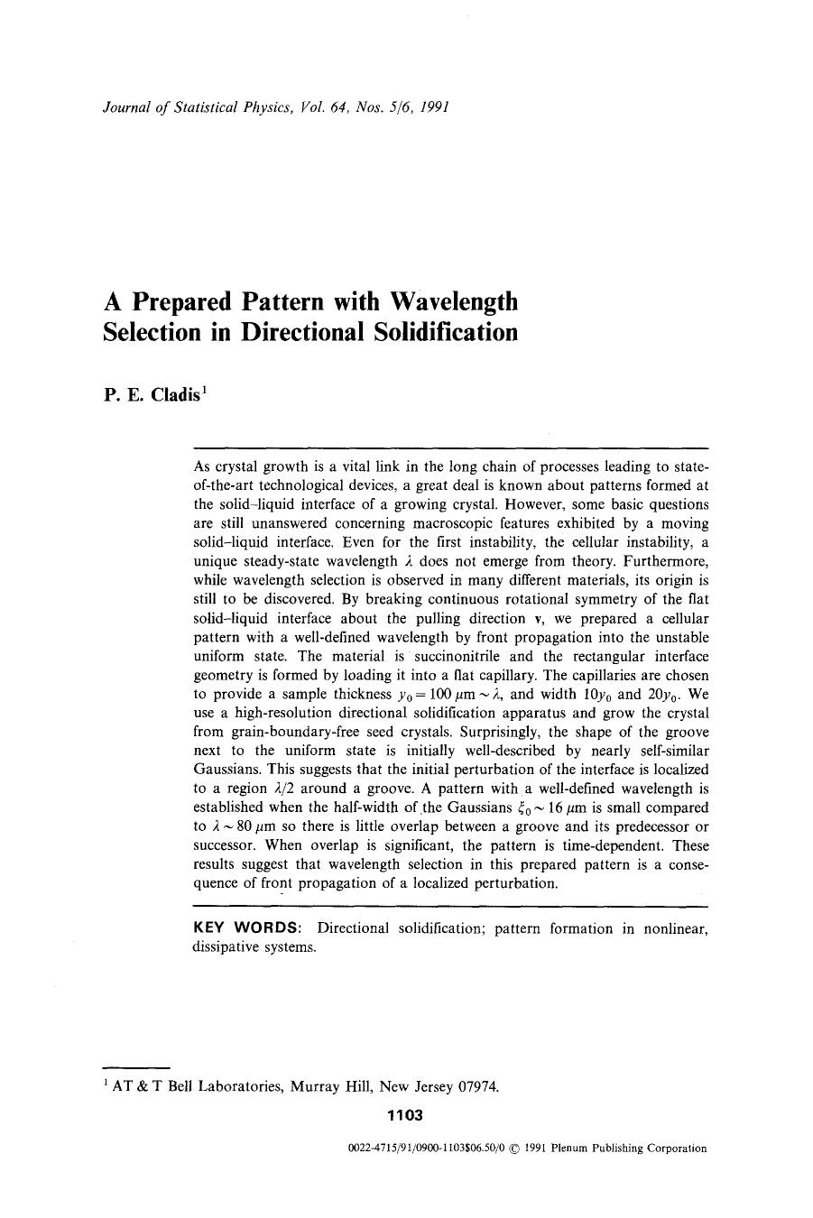 A prepared pattern with wavelength selection in directional solidification by Unknown