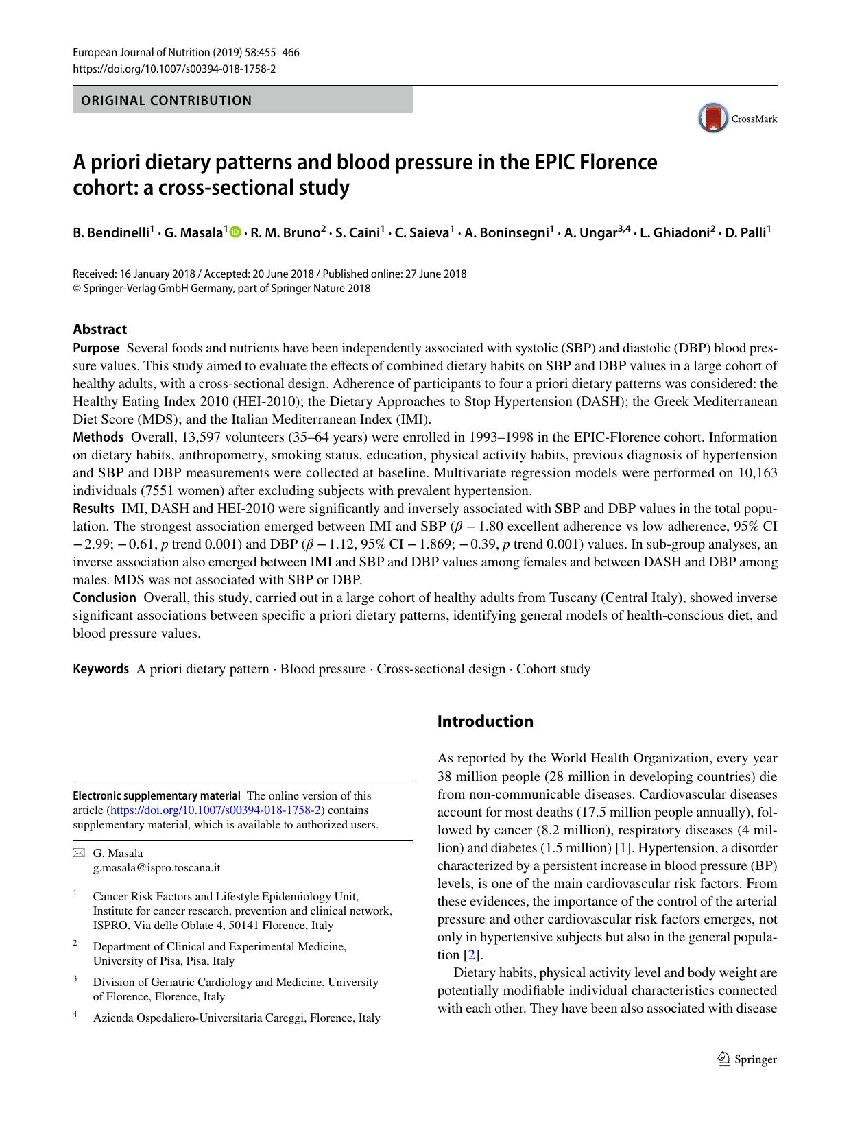 A priori dietary patterns and blood pressure in the EPIC Florence cohort: a cross-sectional study by B. Bendinelli