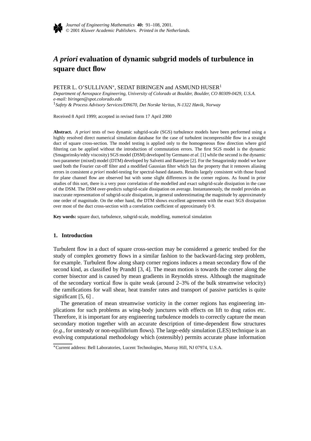 A priori evaluation of dynamic subgrid models of turbulence in square duct flow by Unknown
