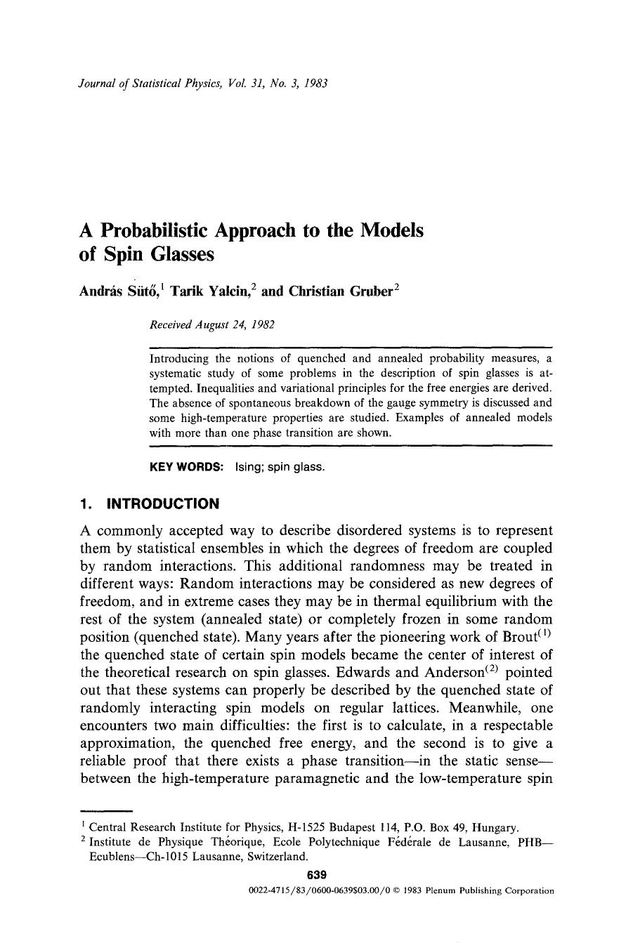 A probabilistic approach to the models of spin glasses by Unknown