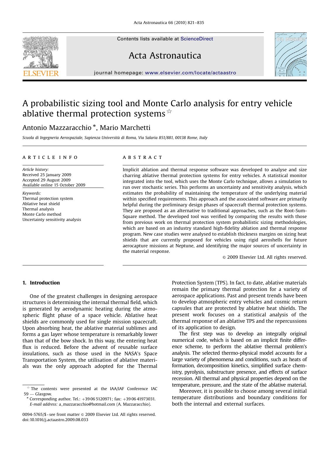 A probabilistic sizing tool and Monte Carlo analysis for entry vehicle ablative thermal protection systems by Antonio Mazzaracchio; Mario Marchetti