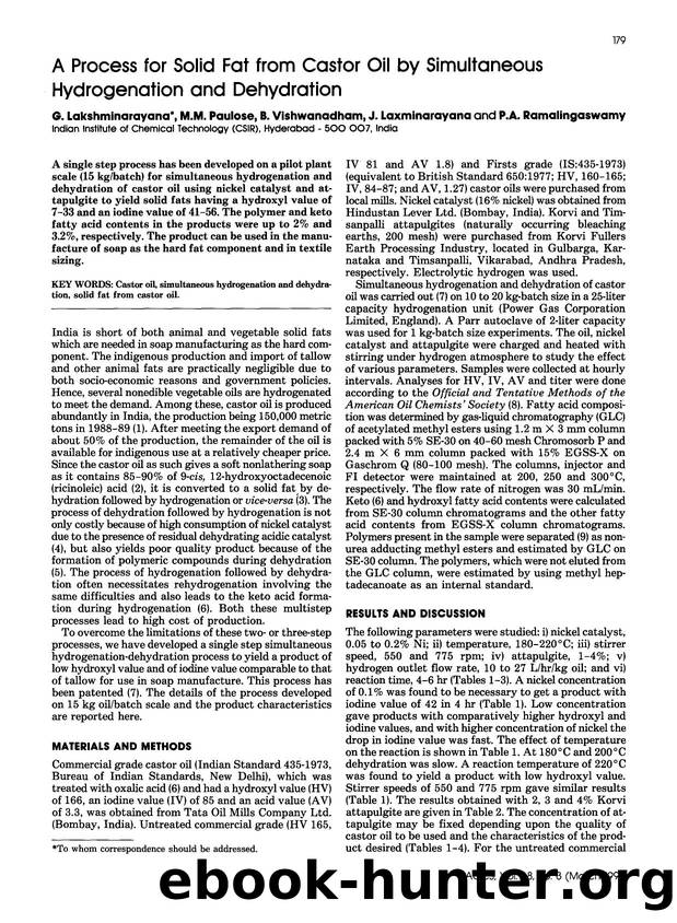 A process for solid fat from castor oil by simultaneous hydrogénation and dehydration by Unknown
