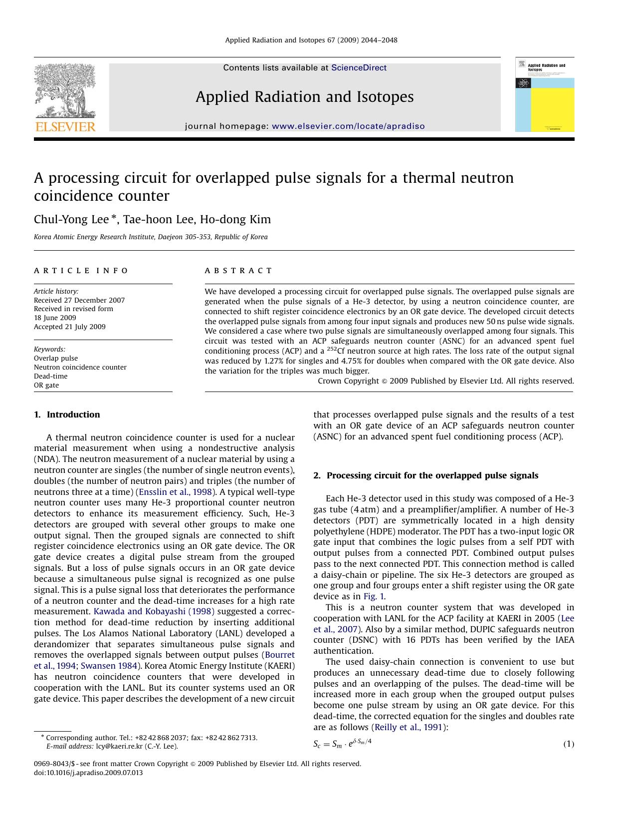 A processing circuit for overlapped pulse signals for a thermal neutron coincidence counter by Chul-Yong Lee; Tae-hoon Lee; Ho-dong Kim