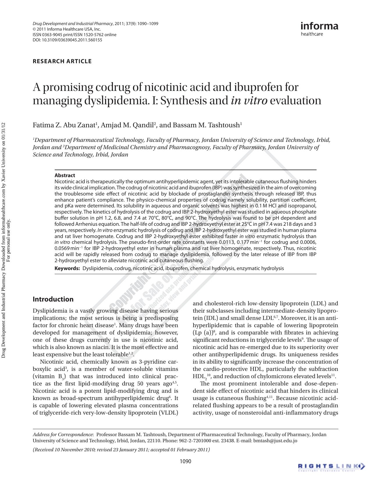 A promising codrug of nicotinic acid and ibuprofen for managing dyslipidemia. I: Synthesis and in vitro evaluation by Fatima Z. Abu Zanat1 Amjad M. Qandil2 Bassam M. Tashtoush1bmtash@just.edu.jo