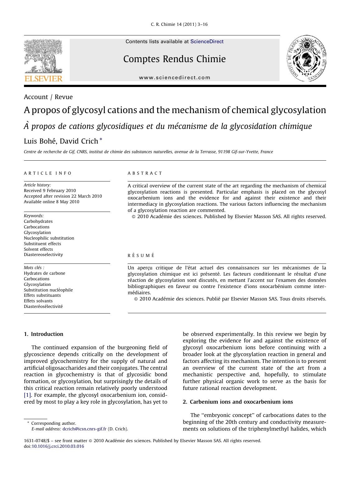 A propos of glycosyl cations and the mechanism of chemical glycosylation by Luis BohÃ©