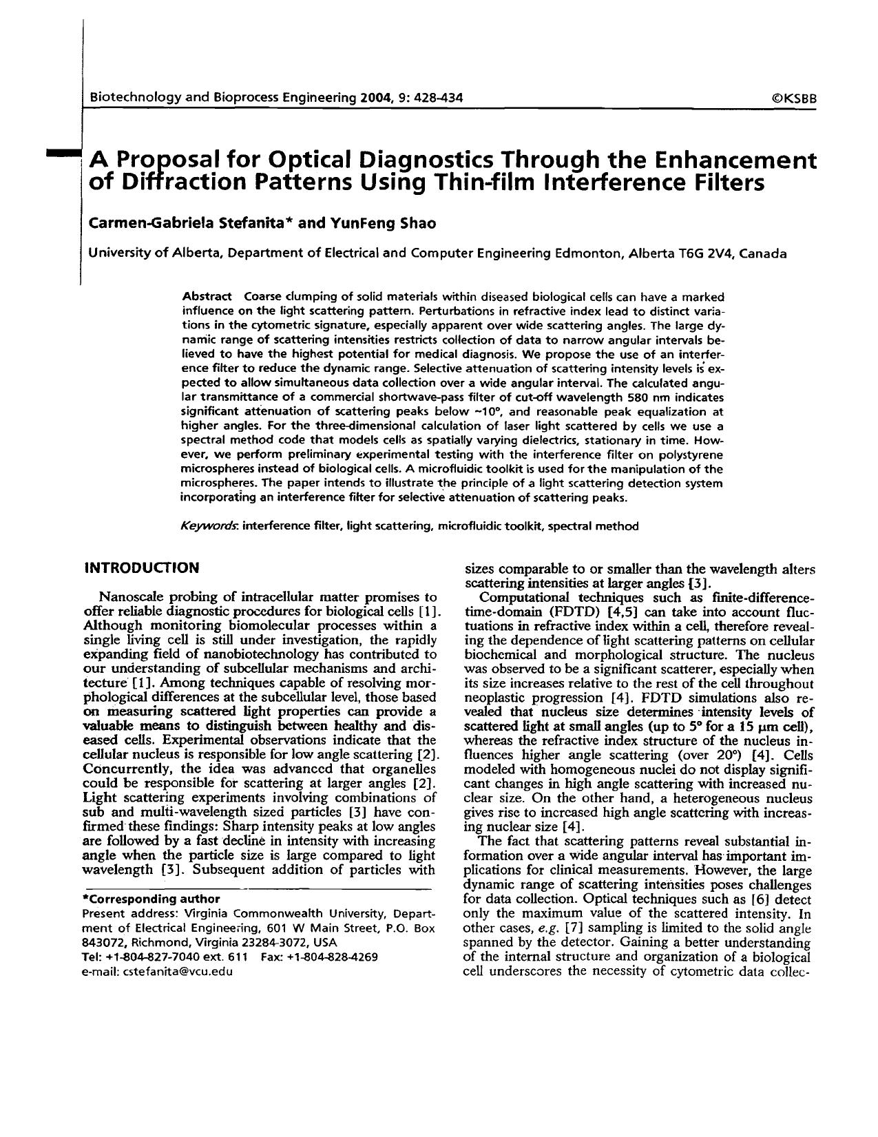 A proposal for optical diagnostics through the enhancement of diffraction patterns using thin-film interference filters by Unknown