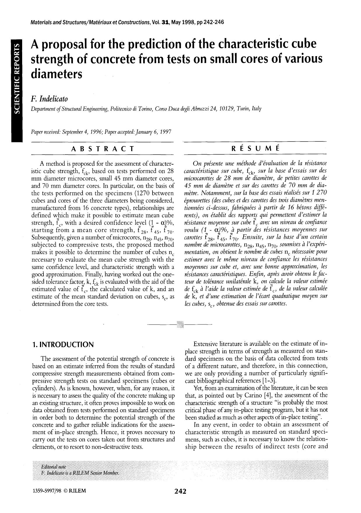 A proposal for the prediction of the characteristic cube strength of concrete from tests on small cores of various diameters by Unknown