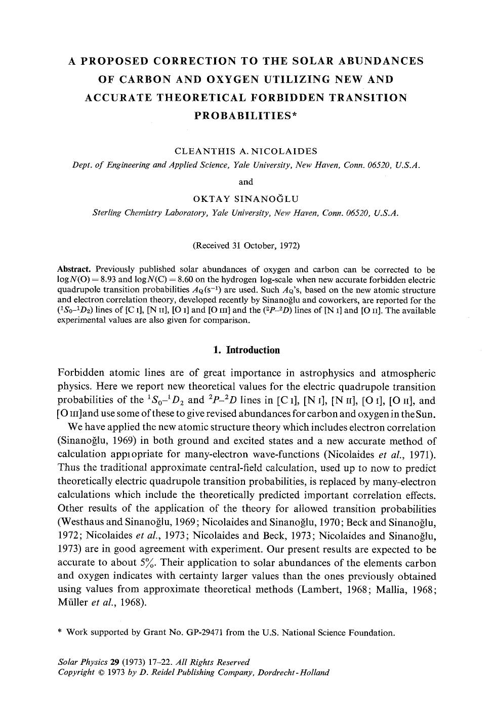 A proposed correction to the solar abundances of carbon and oxygen utilizing new and accurate theoretical forbidden transition probabilities by Unknown