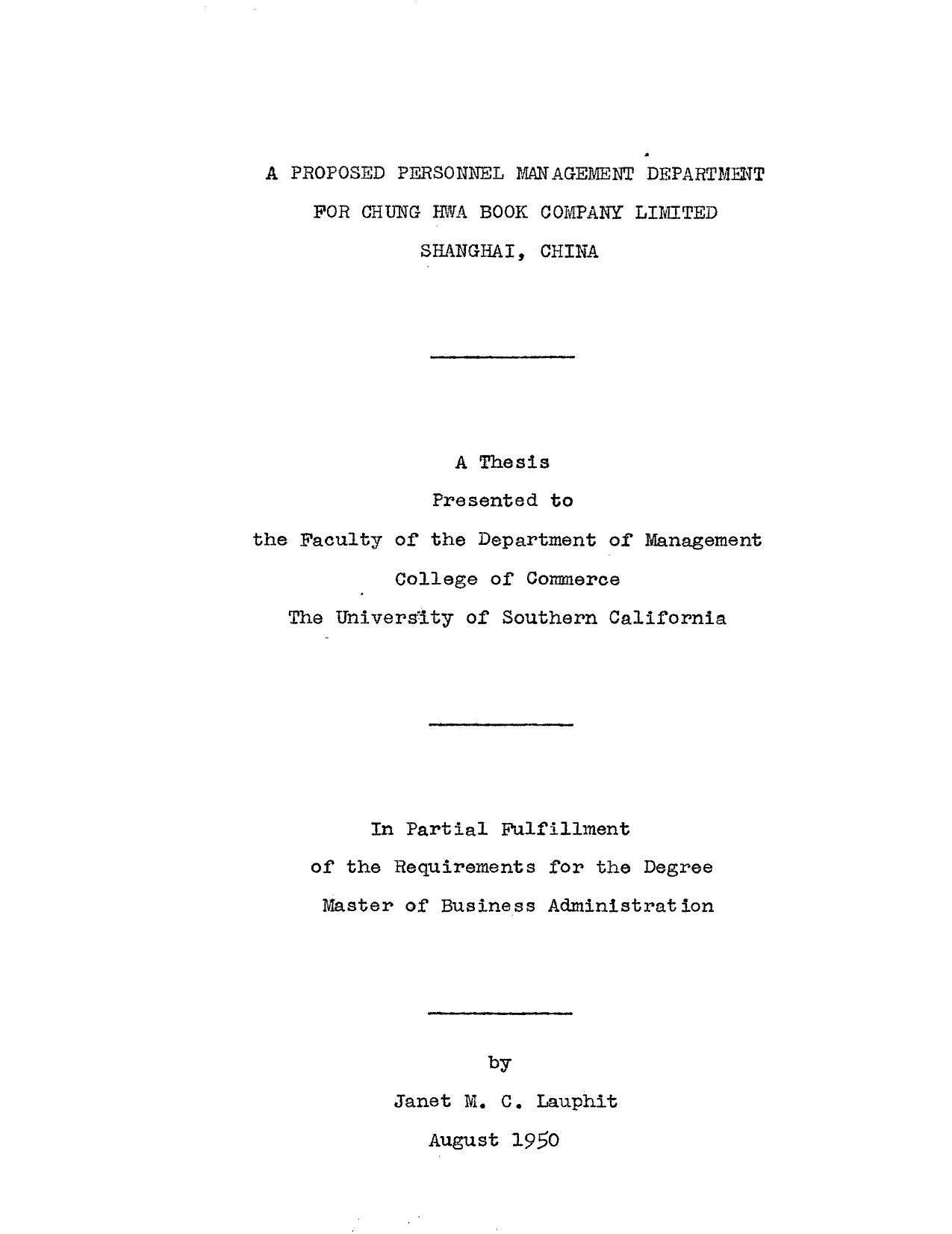 A proposed personnel management department for Chung Hwa Book Company Limited, Shanghai, China by Lauphit Janet M. C