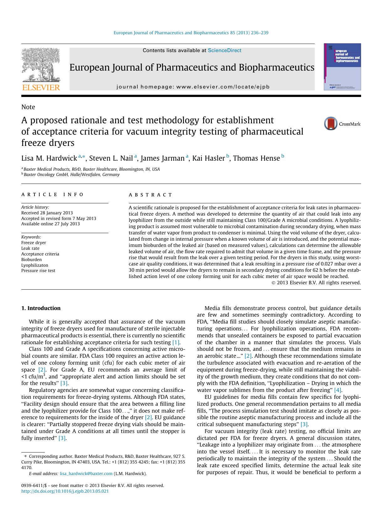 A proposed rationale and test methodology for establishment of acceptance criteria for vacuum integrity testing of pharmaceutical freeze dryers by Lisa M. Hardwick & Steven L. Nail & James Jarman & Kai Hasler & Thomas Hense