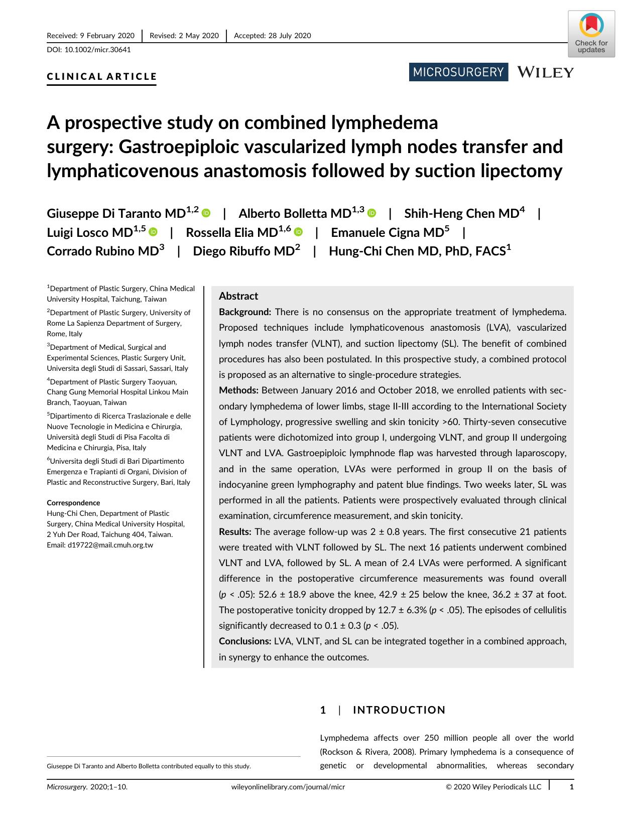 A prospective study on combined lymphedema surgery: Gastroepiploic vascularized lymph nodes transfer and lymphaticovenous anastomosis followed by suction lipectomy by Unknown