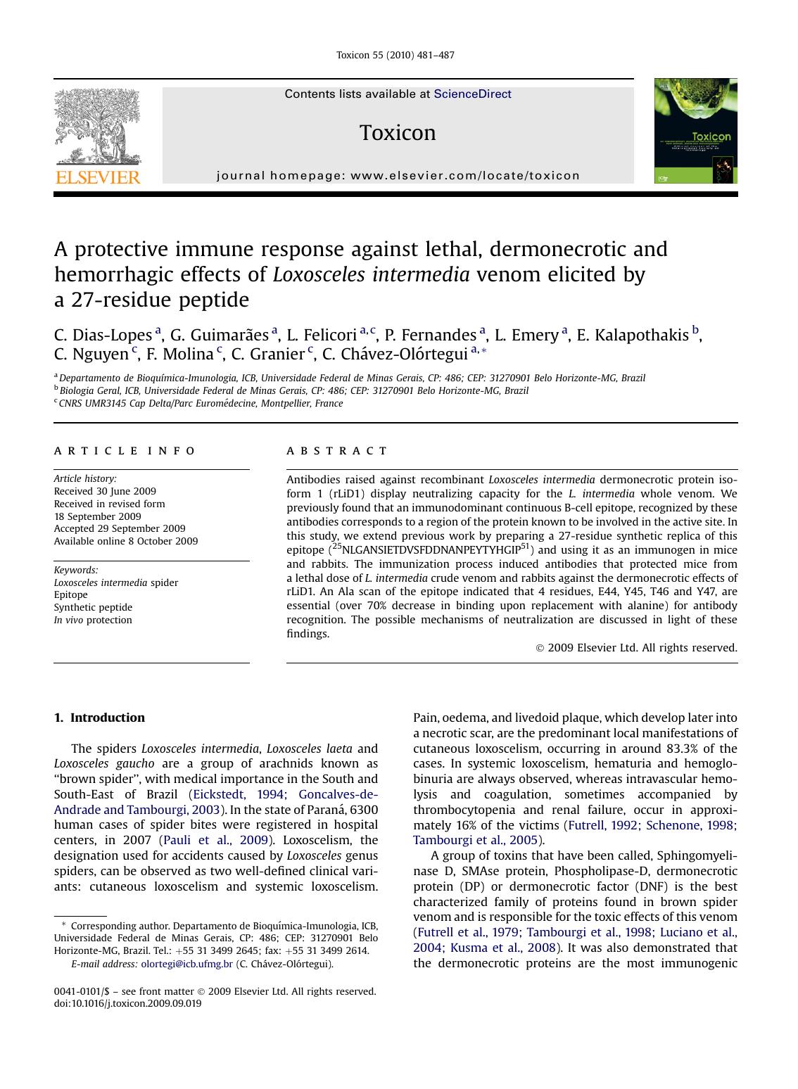 A protective immune response against lethal, dermonecrotic and hemorrhagic effects of Loxosceles intermedia venom elicited by a 27-residue peptide by unknow