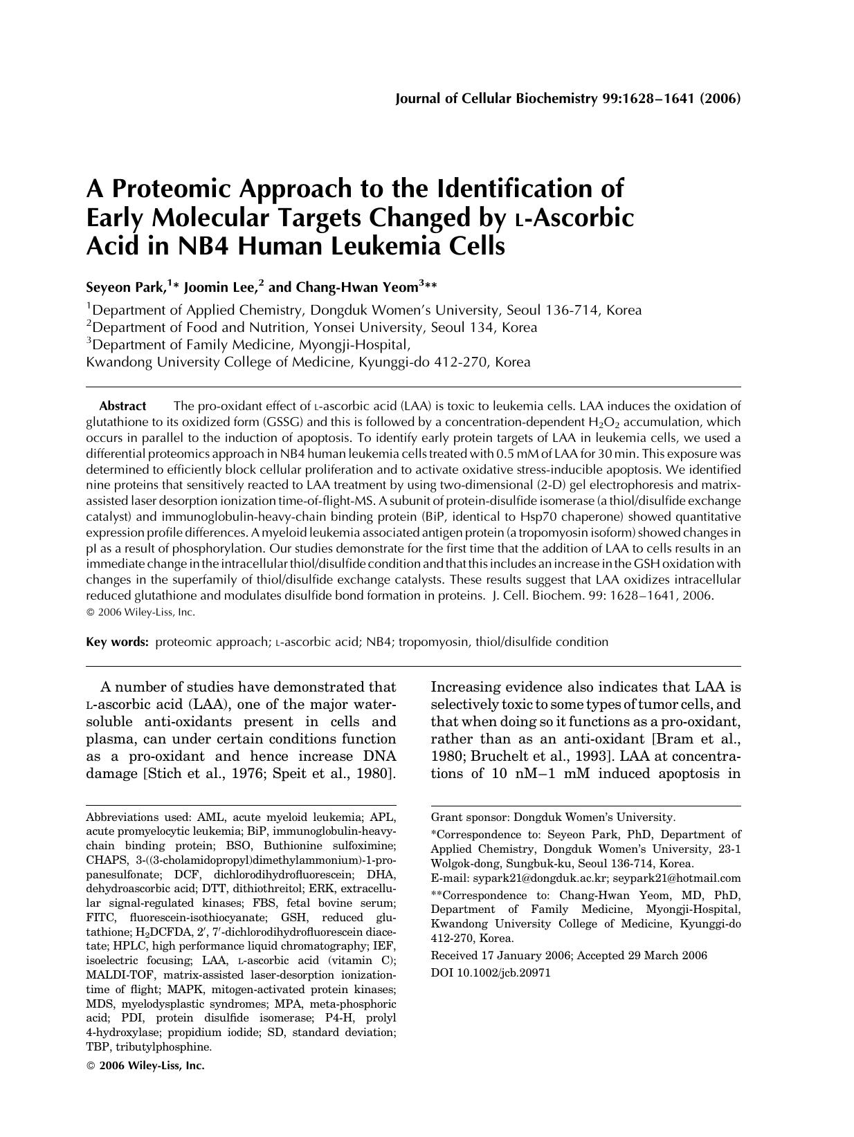 A proteomic approach to the identification of early molecular targets changed by L-ascorbic acid in NB4 human leukemia cells by Unknown
