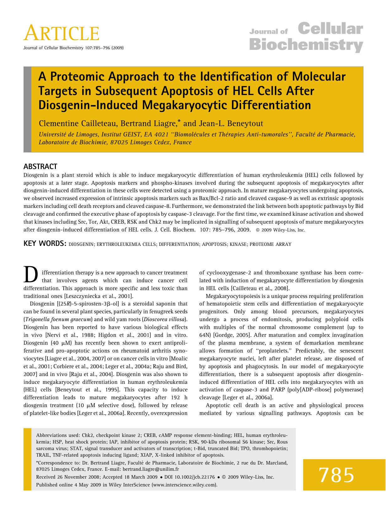 A proteomic approach to the identification of molecular targets in subsequent apoptosis of HEL cells after diosgenin-induced megakaryocytic differentiation by Unknown