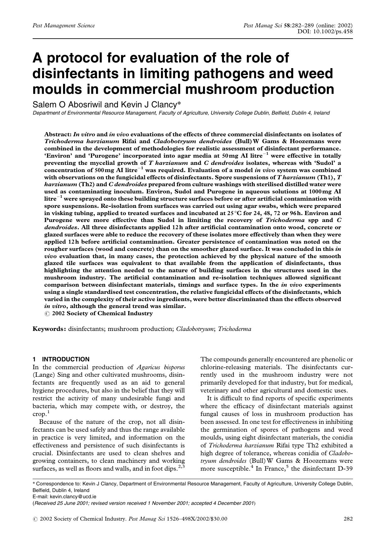A protocol for evaluation of the role of disinfectants in limiting pathogens and weed moulds in commercial mushroom production by Unknown