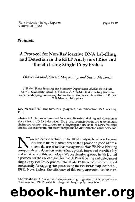 A protocol for non-radioactive DNA labelling and detection in the RFLP analysis of rice and tomato using single-copy probes by Unknown