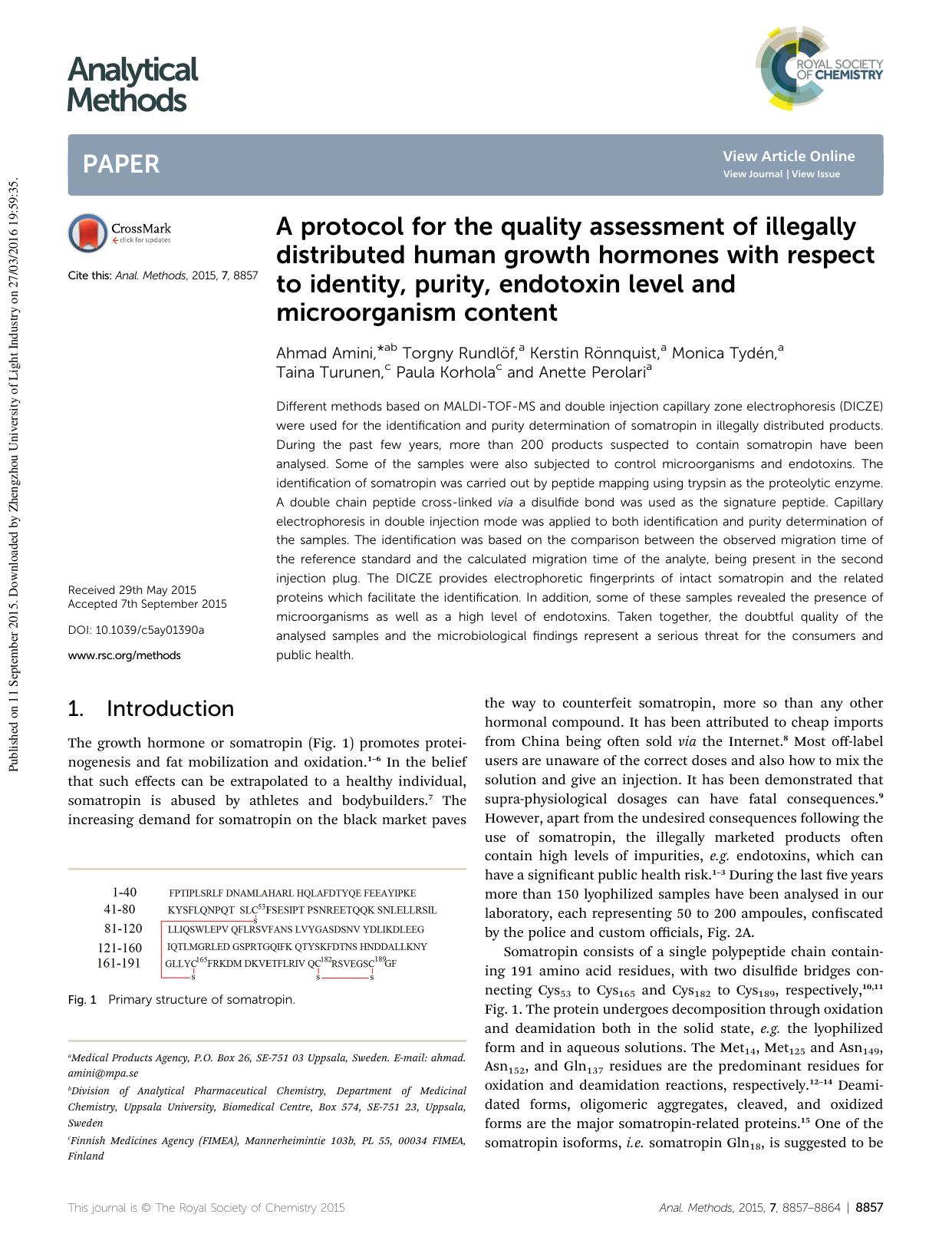 A protocol for the quality assessment of illegally distributed human growth hormones with respect to identity, purity, endotoxin level and microorganism content by unknow