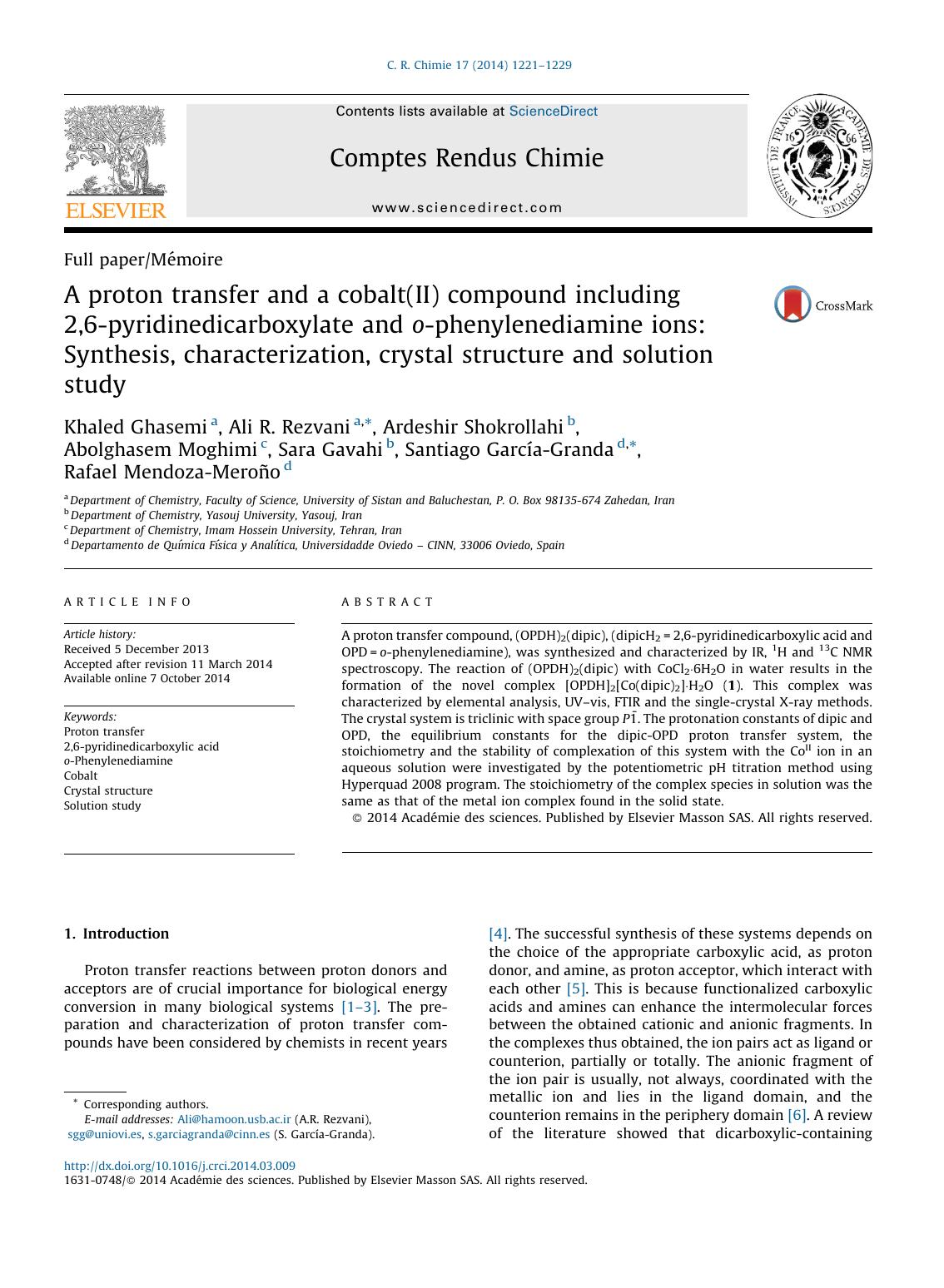 A proton transfer and a cobalt(II) compound including 2,6-pyridinedicarboxylate and o-phenylenediamine ions: Synthesis, characterization, crystal structure and solution study by unknow