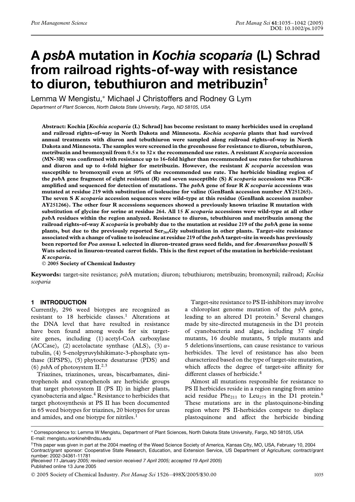 A psbA mutation in Kochia scoparia (L) Schrad from railroad rights-of-way with resistance to diuron, tebuthiuron and metribuzin by Unknown