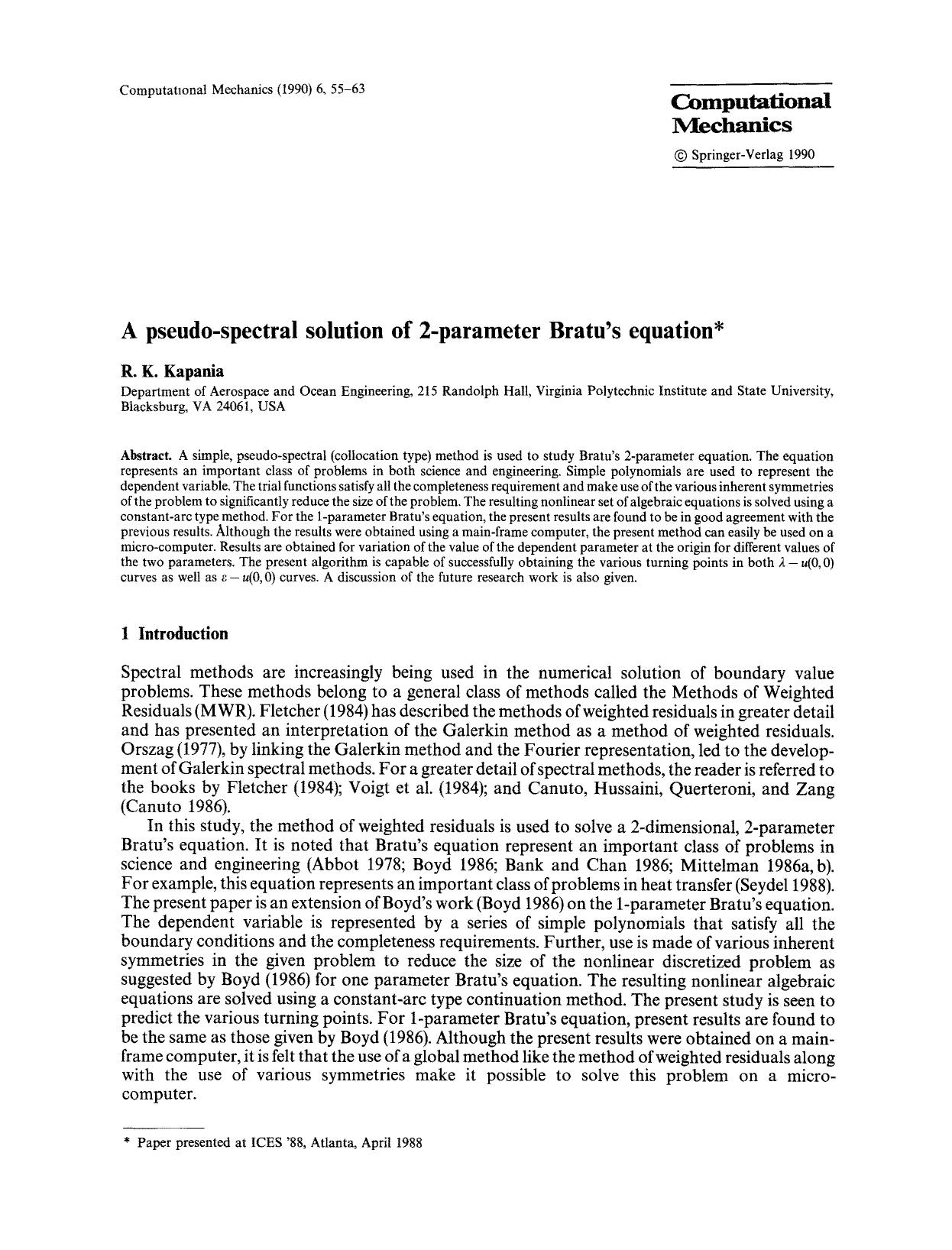 A pseudo-spectral solution of 2-parameter Bratu's equation by Unknown