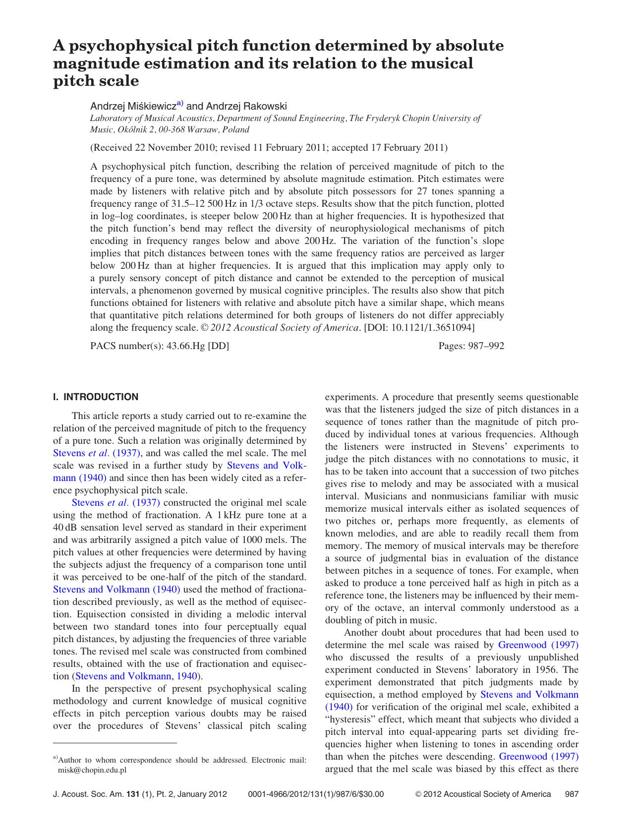 A psychophysical pitch function determined by absolute magnitude estimation and its relation to the musical pitch scale by Andrzej Mis´kiewicz and Andrzej Rakowski