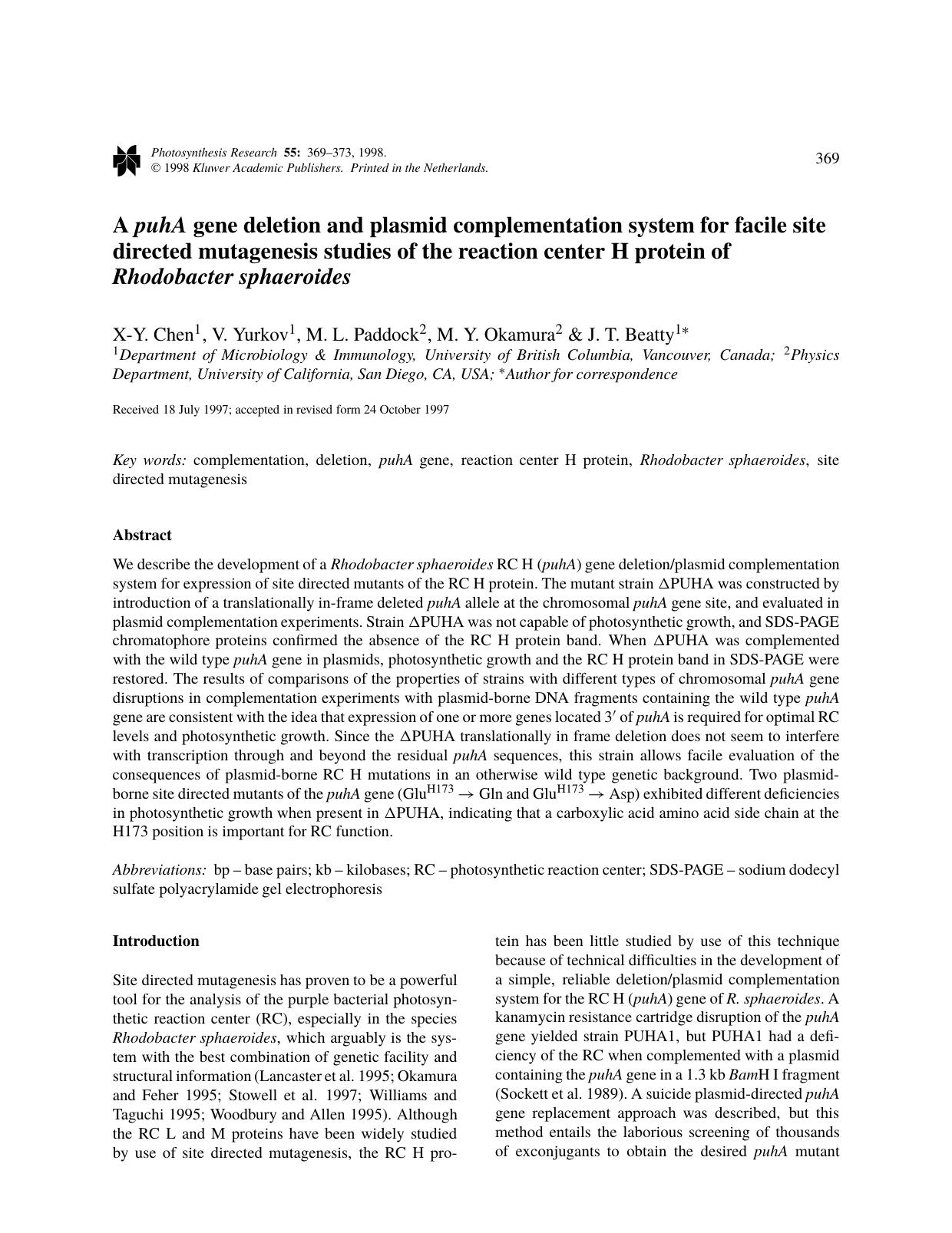 A puhA gene deletion and plasmid complementation system for facile site directed mutagenesis studies of the reaction center H protein of Rhodobacter sphaeroides by Unknown