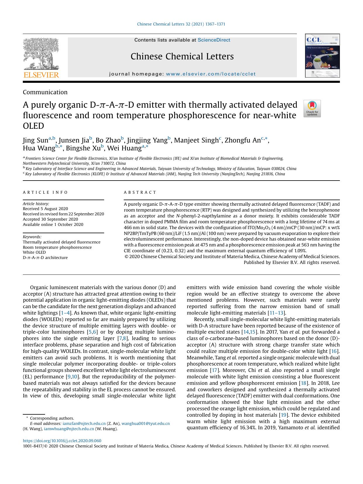 A purely organic D--A--D emitter with thermally activated delayed fluorescence and room temperature phosphorescence for near-white OLED by unknow