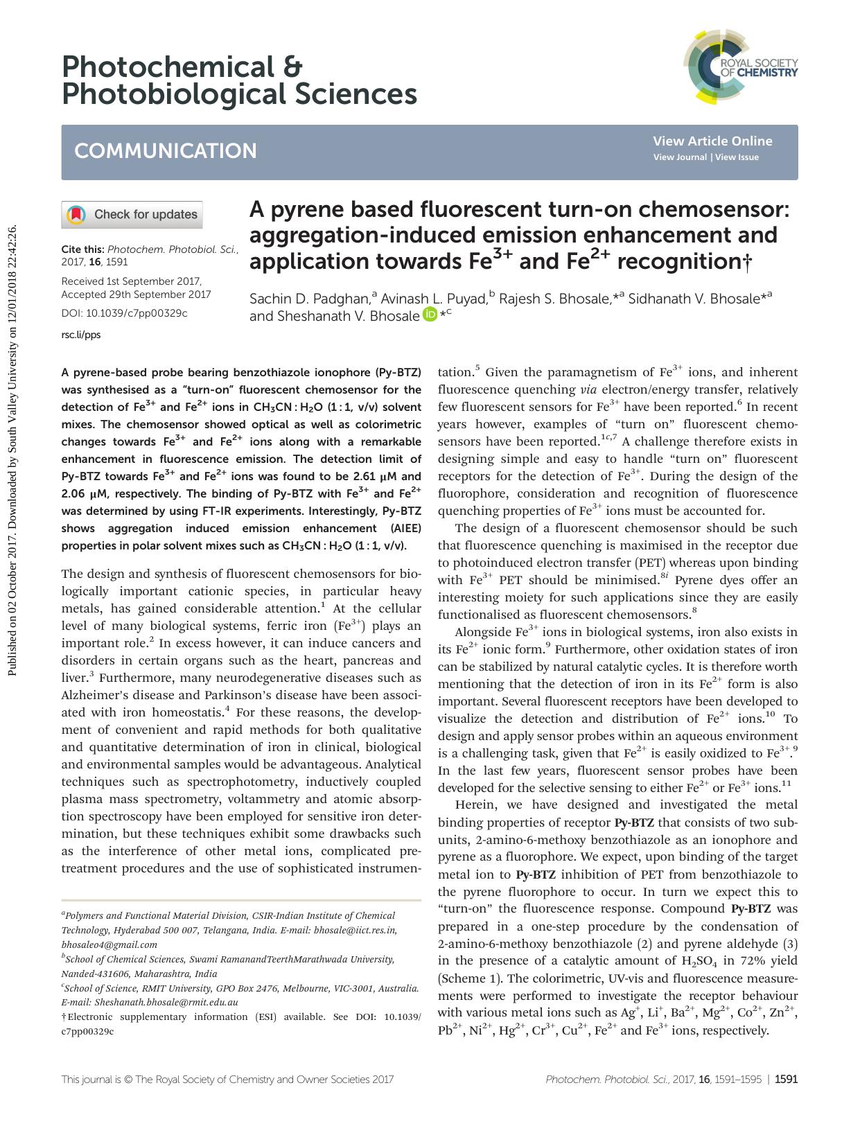 A pyrene based fluorescent turn-on chemosensor: aggregation-induced emission enhancement and application towards Fe3+ and Fe2+ recognition by Sachin D. Padghan Avinash L. Puyad Rajesh S. Bhosale Sidhanath V. Bhosale Sheshanath V. Bhosale